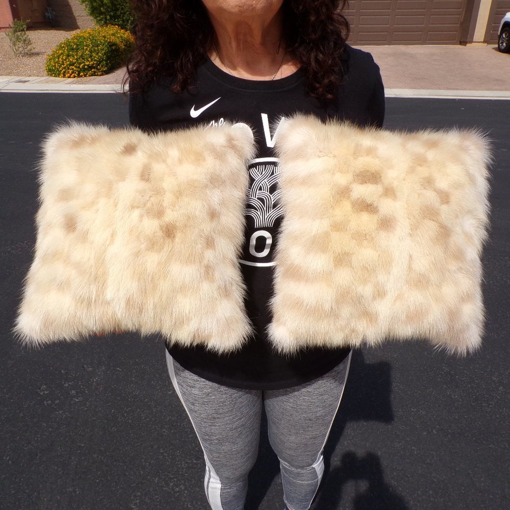set of 2 - real MINK FUR throw pillow (cover only), ivory/beige checks, 12"x12"
